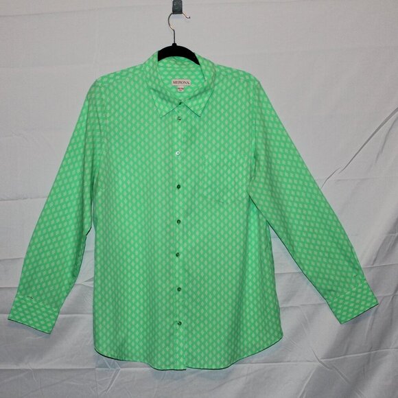 Merona, Blouse, XXL, Lime Green w/ White Dotted Diamond Pattern, Long Sleeve - Picture 5 of 6
